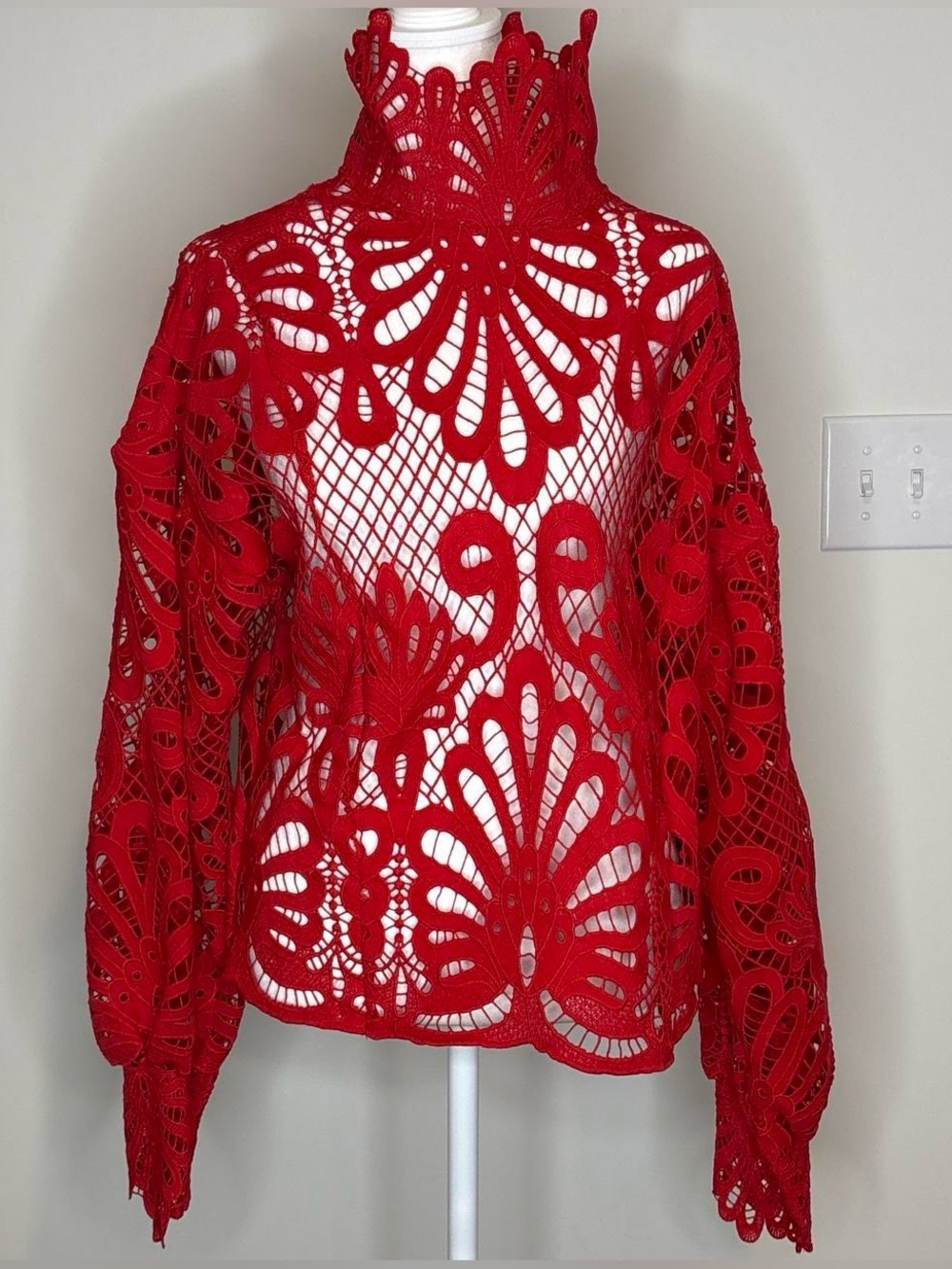Red Lace Cutout High-Neck Women's Top - Picture 2 of 2